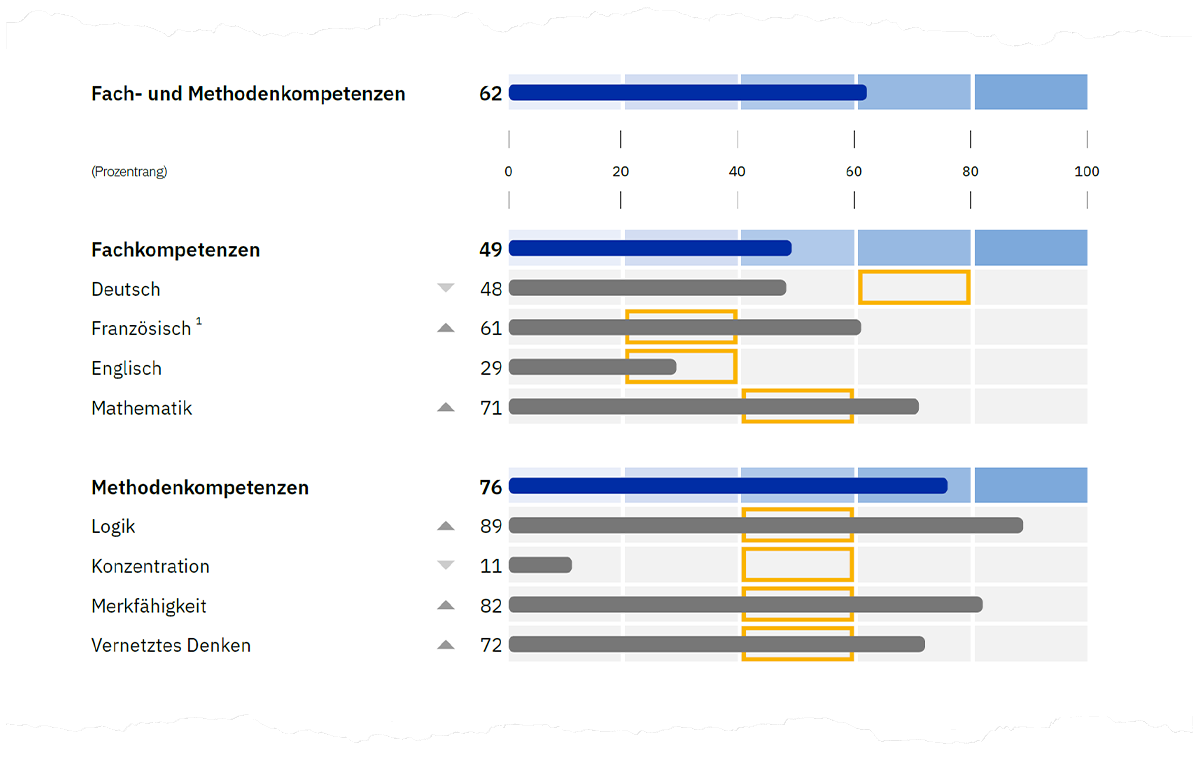 Abbildung 3. Prozentrangwerte für die Fach- und Methodenkompetenzen (blaue Balken) und deren Gebiete (graue Balken) auf Seite 1 der Auswertung (es sind beispielhaft die Anforderungslevels für den Beruf Detailhandelsfachmann/-frau EFZ dargestellt).
