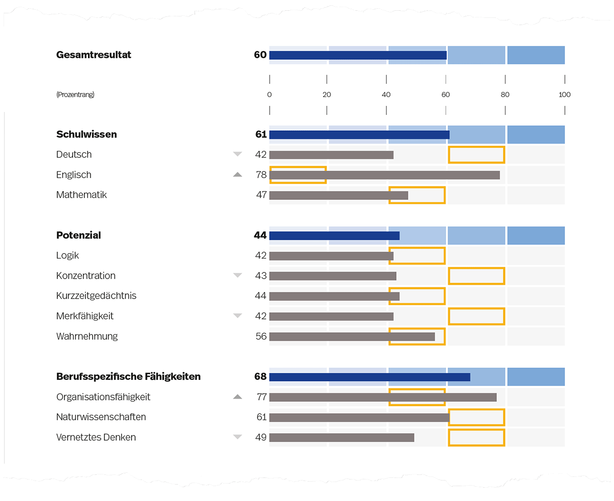 Abbildung 3. Prozentrangwerte für Fähigkeitsbereiche (dunkelblaue Balken) und deren Gebiete (graue Balken) auf Seite 1 der Auswertung (es sind beispielhaft die Anforderungslevels für den Beruf Fachmann/-frau Gesundheit EFZ dargestellt).