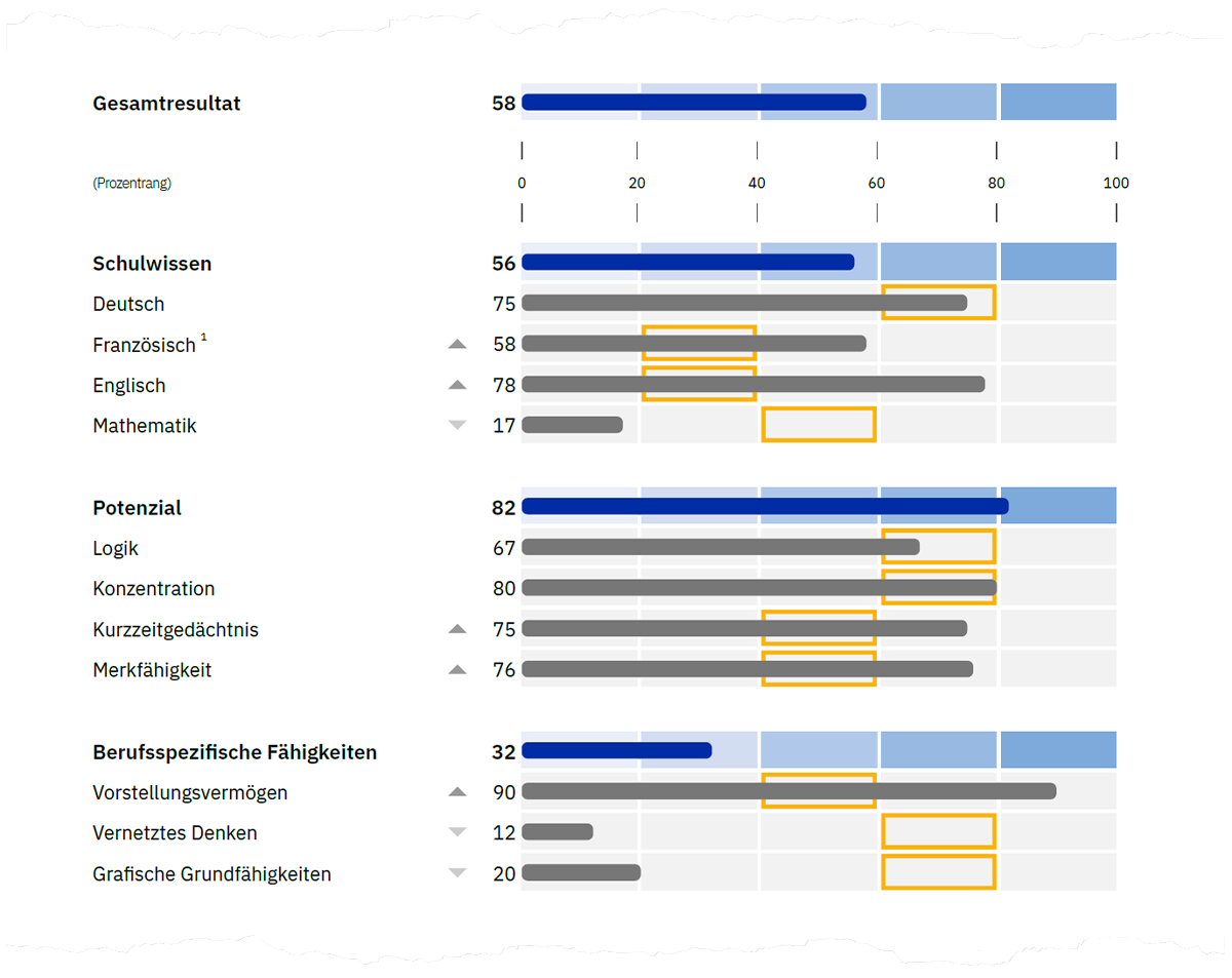 Abbildung 3. Prozentrangwerte für Fähigkeitsbereiche (dunkelblaue Balken) und deren Gebiete (graue Balken) auf Seite 1 der Auswertung (es sind beispielhaft die Anforderungslevels für den Beruf Mediamatiker/-in EFZ dargestellt).