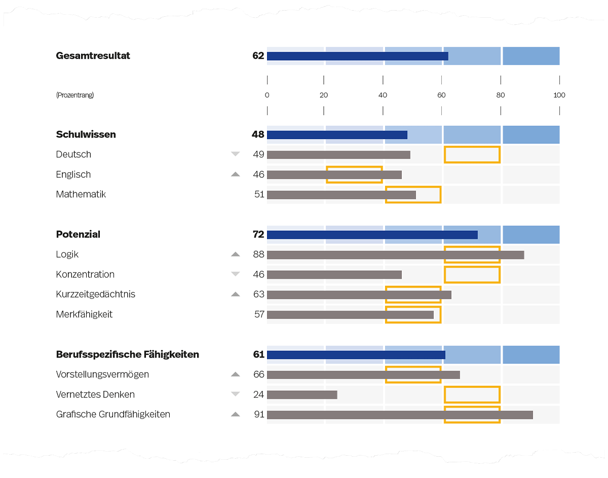 Abbildung 3. Prozentrangwerte für Fähigkeitsbereiche (dunkelblaue Balken) und deren Gebiete (graue Balken) auf Seite 1 der Auswertung (es sind beispielhaft die Anforderungslevels für den Beruf Mediamatiker/-in EFZ dargestellt).