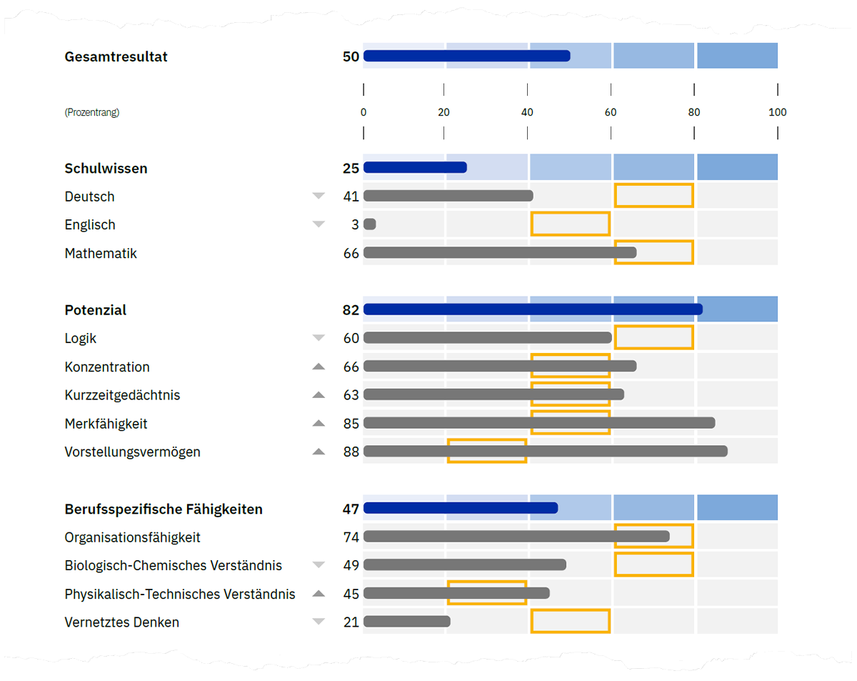 Prozentrangwerte für Fähigkeitsbereiche (dunkelblaue Balken) und deren Gebiete