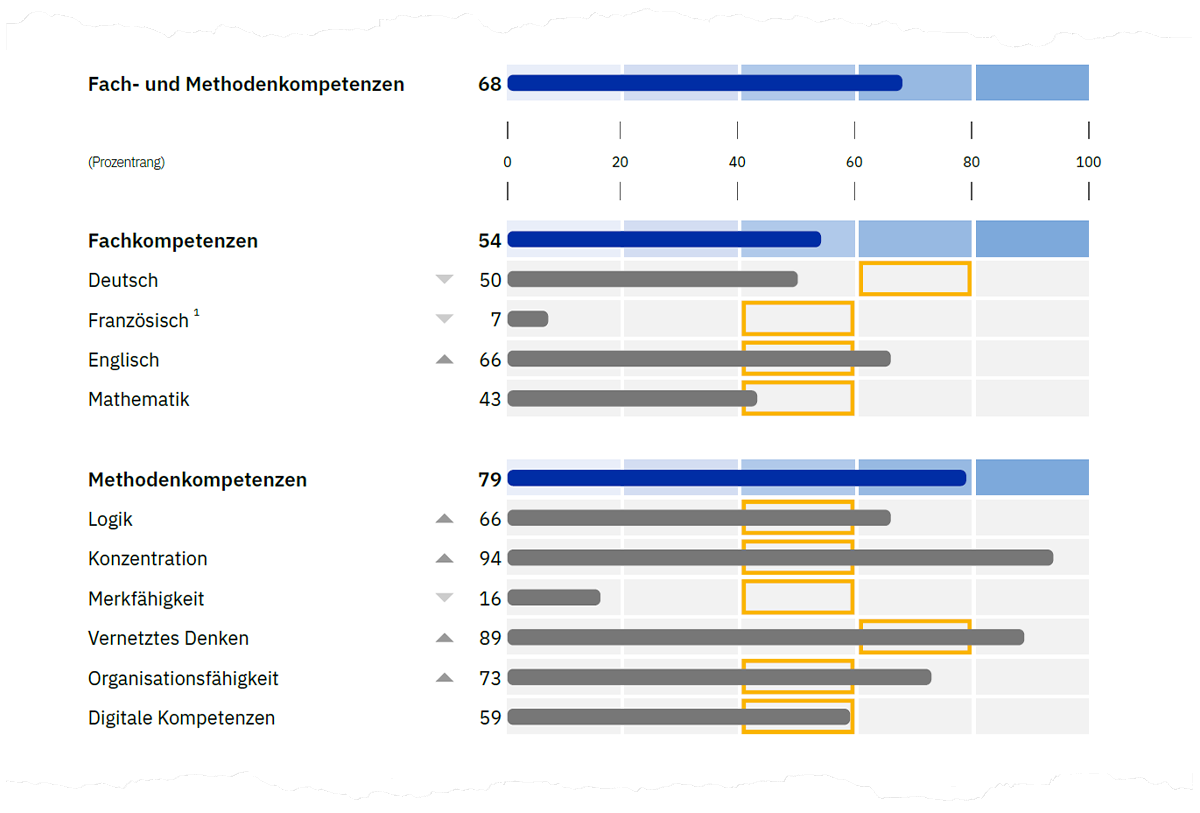 Abbildung 3. Prozentrangwerte für die Fach- und Methodenkompetenzen (blaue Balken) und deren Gebiete (graue Balken) auf Seite 1 der Auswertung (es sind beispielhaft die Anforderungslevels für den Beruf Kaufmann/-frau EFZ dargestellt).