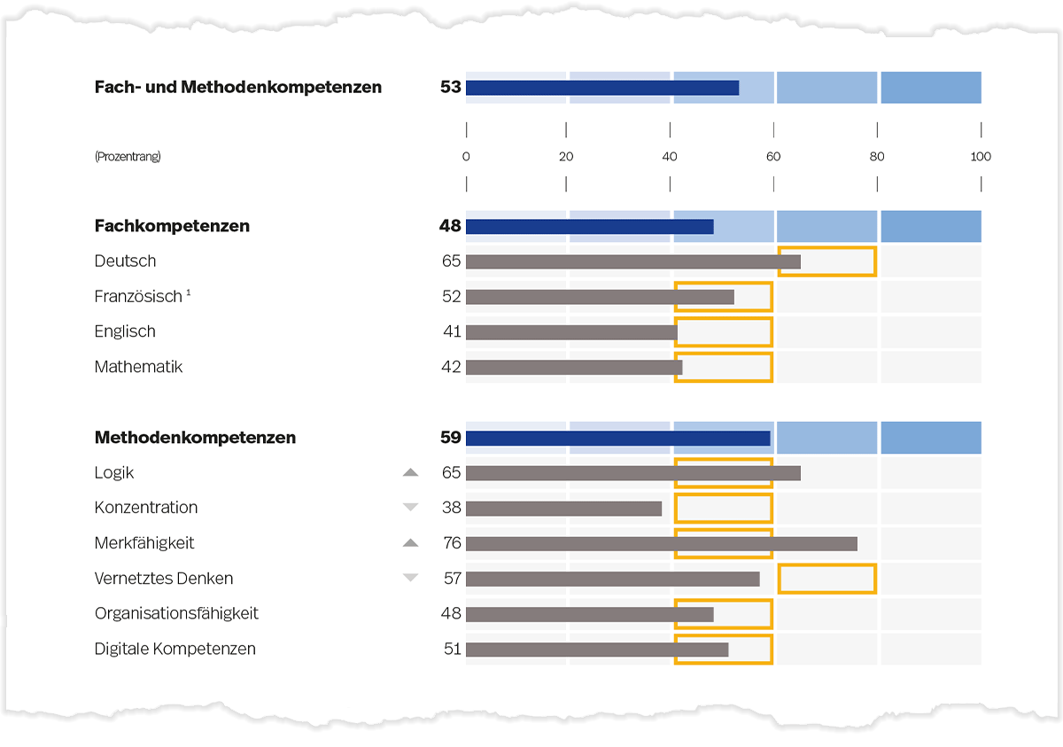 Abbildung I1. Prozentrangwerte für die Bereiche der Fach- und Methodenkompetenzen (blaue Balken) und deren Gebiete (graue Balken) auf Seite 1 der Auswertung.