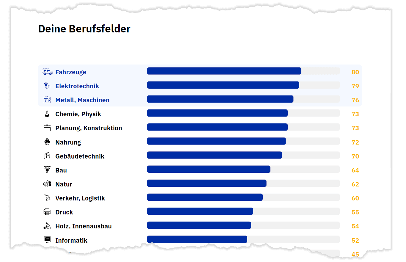Ausschnitt aus der Ergebnisrückmeldung zum Matching zwischen individuellem RIASEC-Profil und den Anforderungsprofilen der Berufsfelder Ausschnitt aus der Ergebnisrückmeldung zum Matching zwischen individuellem RIASEC-Profil und den Anforderungsprofilen der Berufsfelder